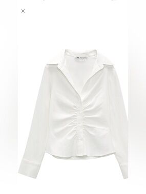 Zara White Gathered-Front Button Down Shirt